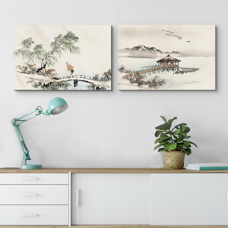 Paysage abstrait "Peinture à l'encre, arbres du lac Lanadscape", 2 pièces, Toile tendue, H 16 po x l 24 po