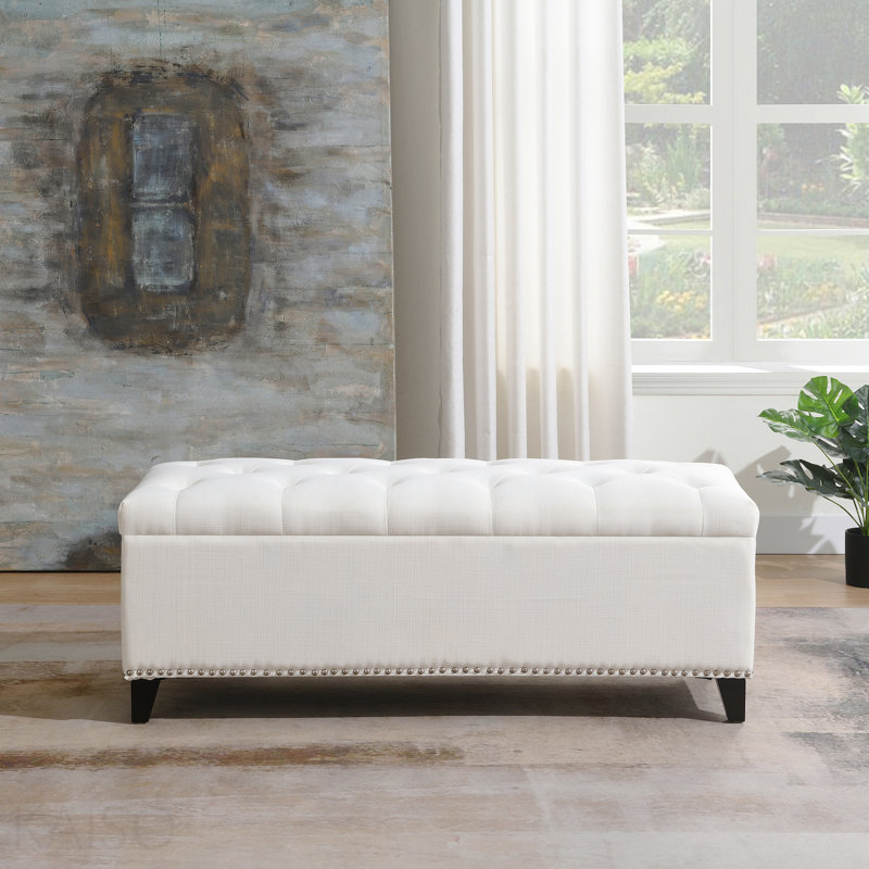 Banc de rangement avec repose-pieds capitonné / charnière de sécurité - beige, Beige