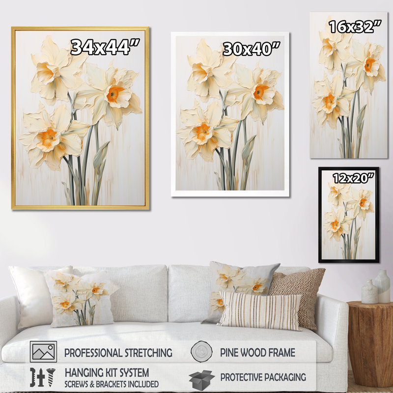 Minimalisme - jonquilles beige - jonquilles, H 44 po x l 34 po x P 1,5 po, Cadre simple argenté