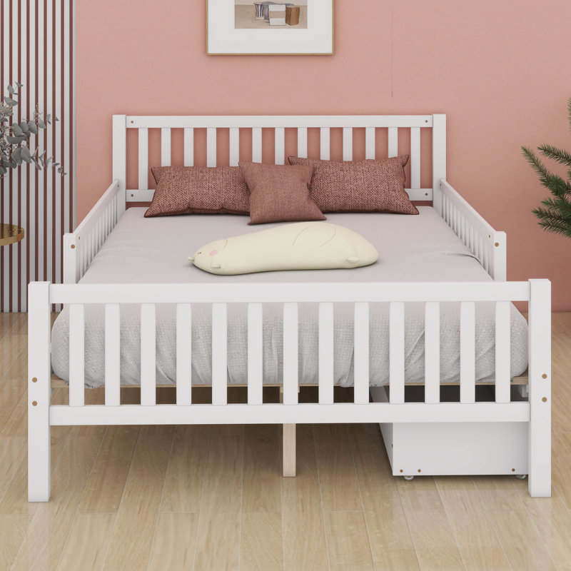 Storage Bed Frame For Kids, Wood Bed With 2 Drawers,Platform Bed With Guardrails On Both Sides For Kids, Girls, Boys, White