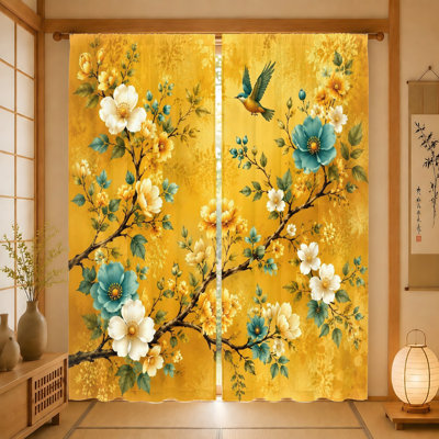 2 pièces de rideaux floraux éclatants, imprimé délicat d'oiseaux et de fleurs, tissu filtrant la lumière, passe-tringle pour salon, chambre, balcon, cuisine, décoration intérieure
