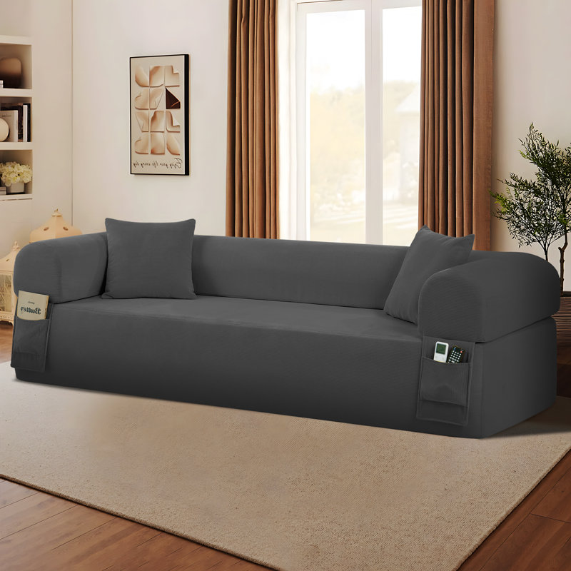 Boneless 82.5" Floor Sofa with 2 Pillows, 3-Seat Corduroy Hybrid Pocketed Spring Couch, Compression Sofa for Living Room Bedroom Lounge, No Assembly Needed