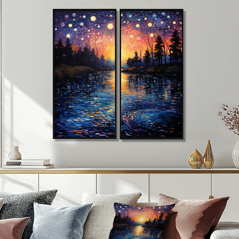Vangogh Twilight Reflections Pointillism - jaune, impressions sur toile traditionnelles, H 20 po x l 24 po, Noir