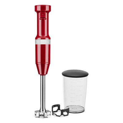 Mélangeur à immersion à vitesse variable fileté KitchenAid en rouge empire avec pot de mélange