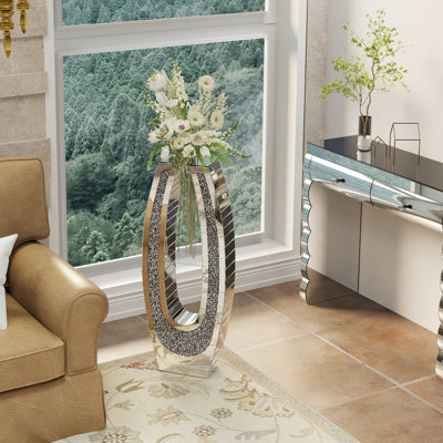 Vase de plancher en forme de U 35,82 po en forme de U en verre argenté écrasé, vase en verre transparent pour décor de salon moderne