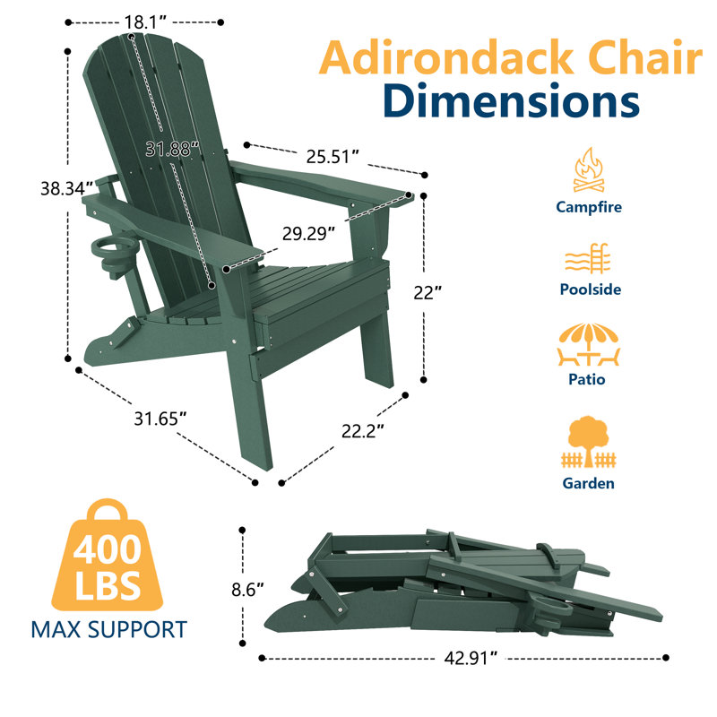 HDPE Folding Adirondack Chair with Cup Holder,  Green, Green