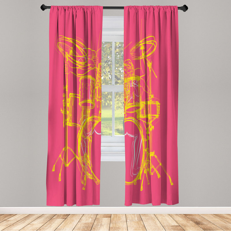 Microfiber Floral Semi-Sheer Rod Pocket Curtain Panels, 28" W x 95" L, Pink/Yellow