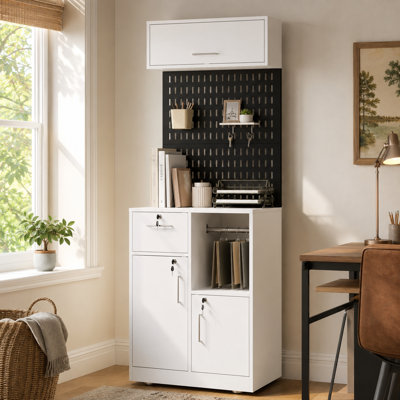 Vertical File Cabinet with Pegboard, Locking Doors, Printer Shelf and Anti-Tip Kit for Home Office