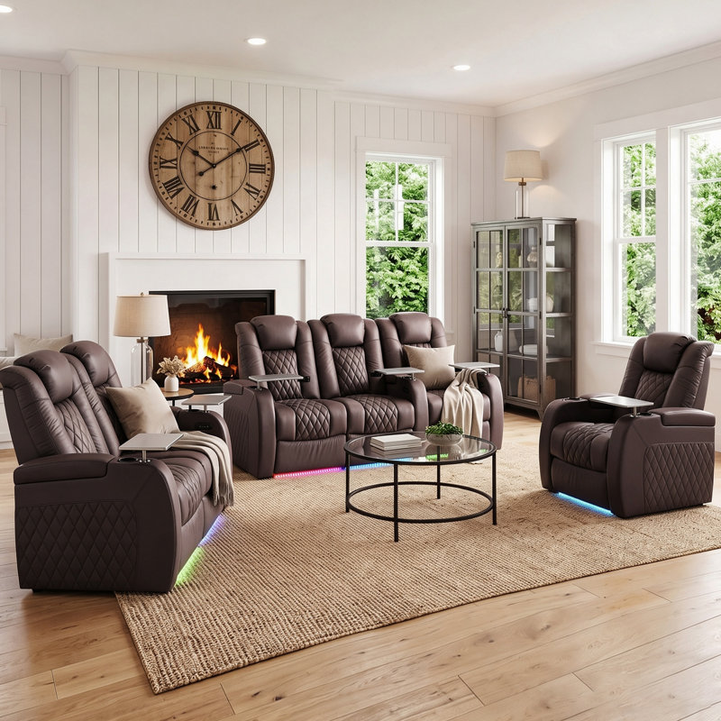 Ensemble de salon inclinable électrique sans gravité en cuir véritable avec appuie-tête réglable, éclairage DEL 7 couleurs, ports USB et rangement