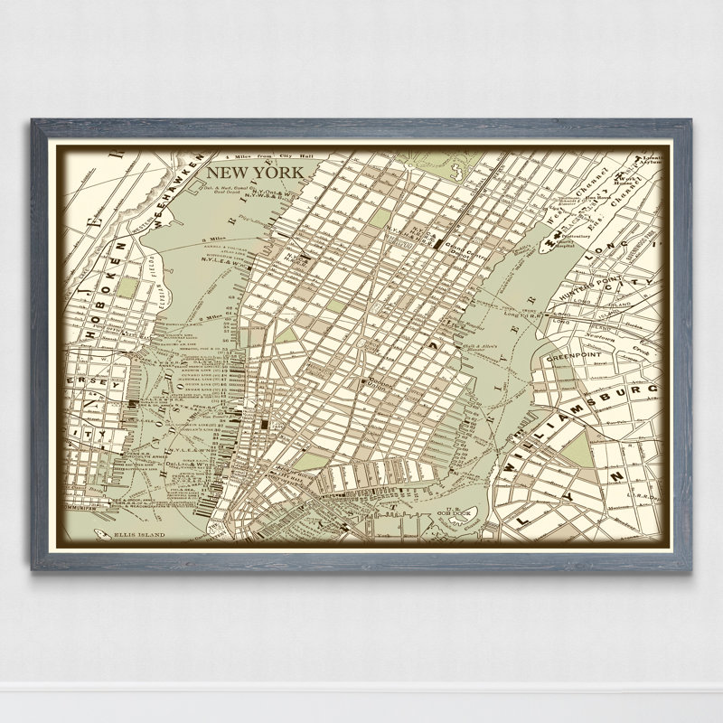 «Custom Sepia Map of New York City» par Paul Cezanne - impression encadrée, H 22 po x l 16 po x P 1 po, Toile avec cadre