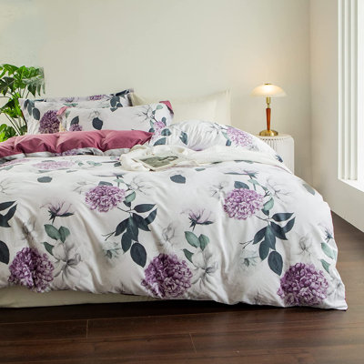 Lunaria 100% Washed Cotton Duvet Cover Set, Hydrangea Floral Print, Soft Linen-Like Texture with Zipper & Corner Ties