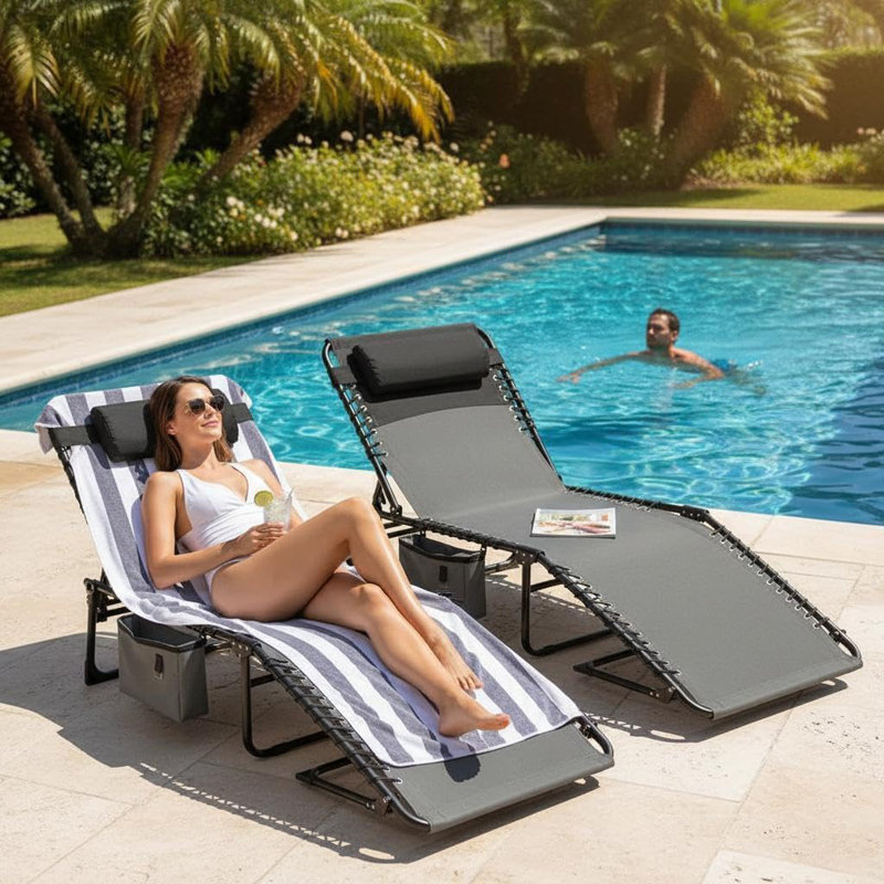 Folding Tanning Chair with Adjustable Backrest, Portable Chaise Lounge Chair, Sun Lounger with Side Pocket and Removable Pillow, Reclining Beach Chairs for Pool Patio Camping Backyard