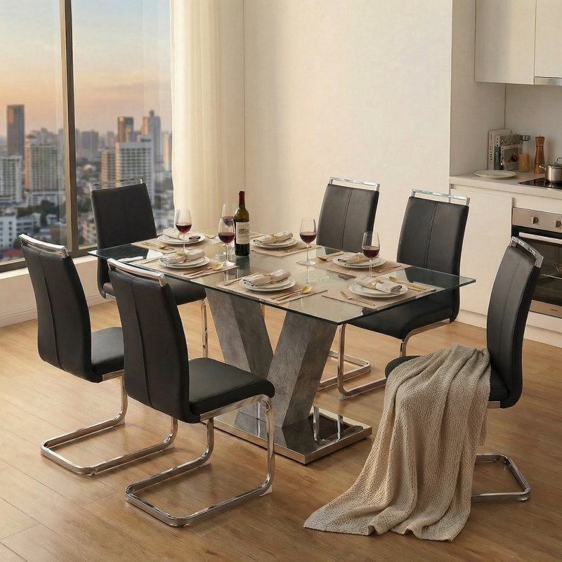 7-Piece Modern 71" Rectangular Tempered Glass Pedestal Dining Set with Faux Leather Cantilever Chairs, Black/Chrome