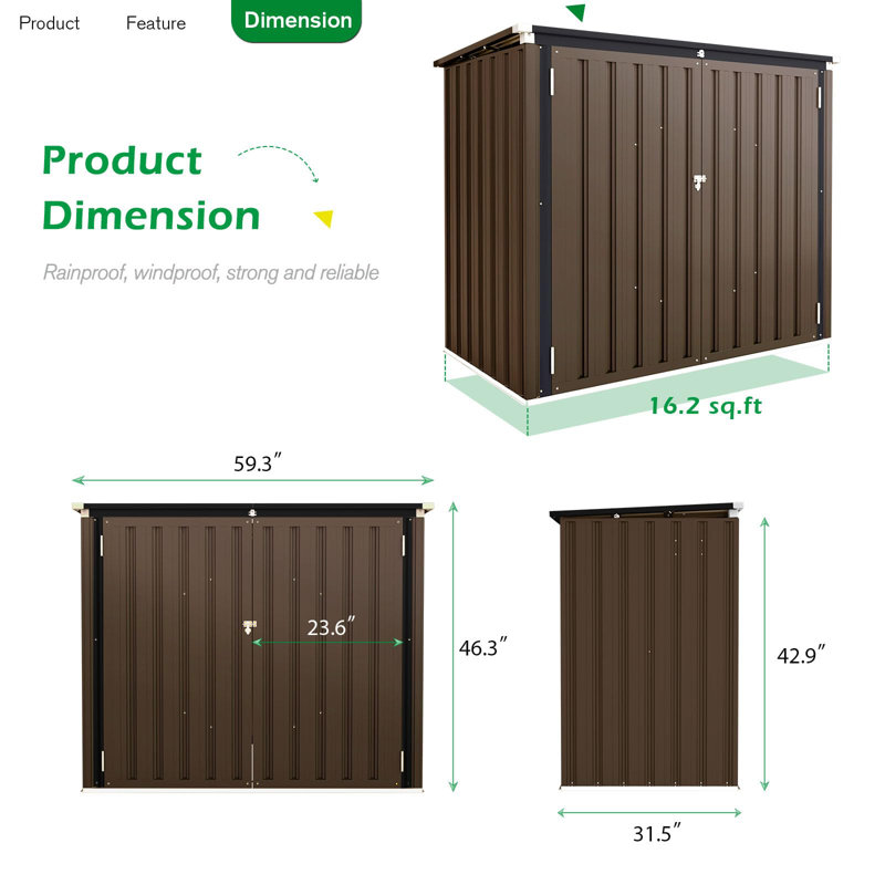 5 Ft. W X 3 Ft. D Metal Horizontal Garbage Shed, Brown