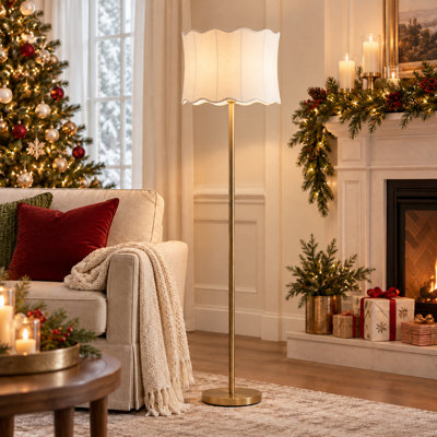 Vesta Gold Dimmable Floor Lamp with Fabric Scalloped Shade