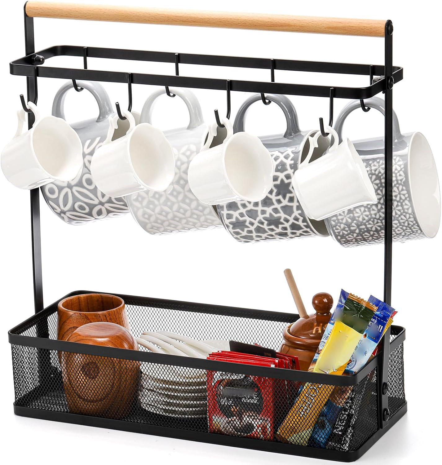 Mug Rack Table Latitude Run® Coffee Mug Holder With Storage Basket, Coffee Cup Rack ...