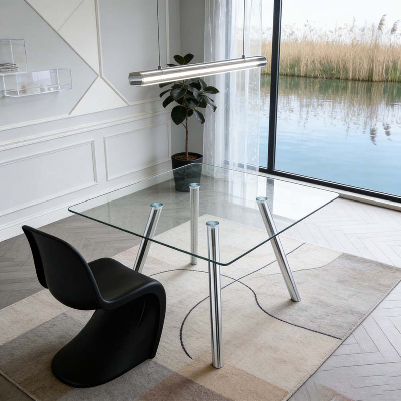 Table de salle à manger 51 pouces en verre trempé avec pieds robustes en métal, Argent