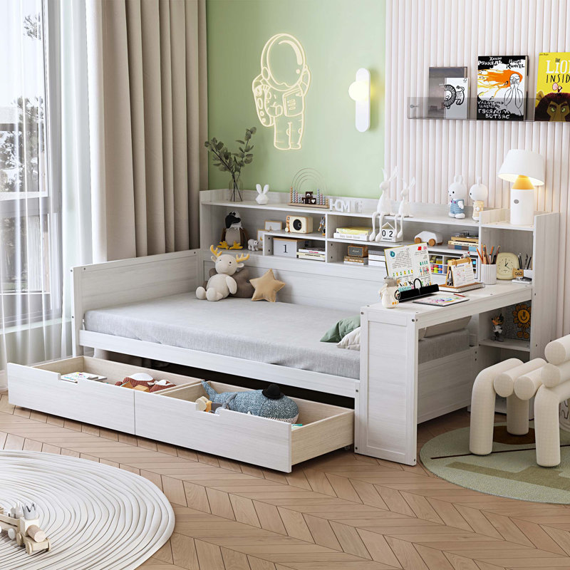 Lit de jour en bois avec tablettes de rangement, lit multifonctionnel avec deux tiroirs de rangement et bureau d'étude