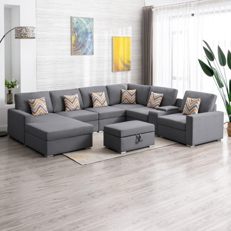 Canapé modulaire réversible 8 pièces en tissu lin avec pattes interchangeables Modern, H 33,05 po x l 124,05 po x P 106,05 po
