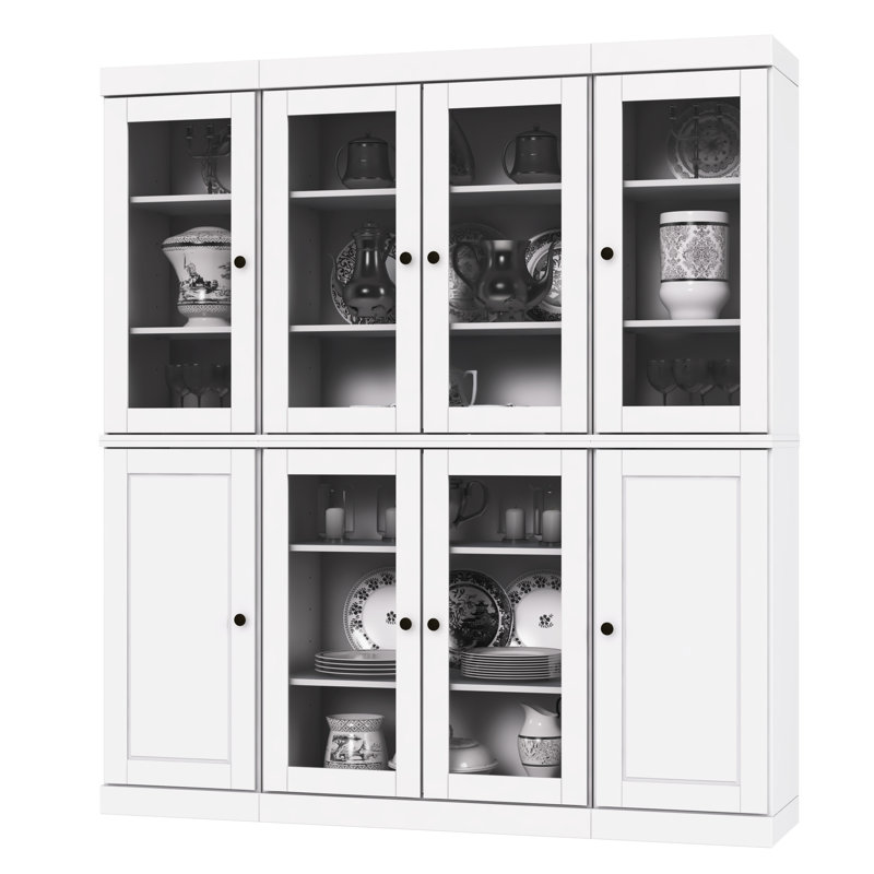 Garde-manger Jango 100% bois massif 65 po avec verre transparent, portes solides et tablettes réglables, Blanc