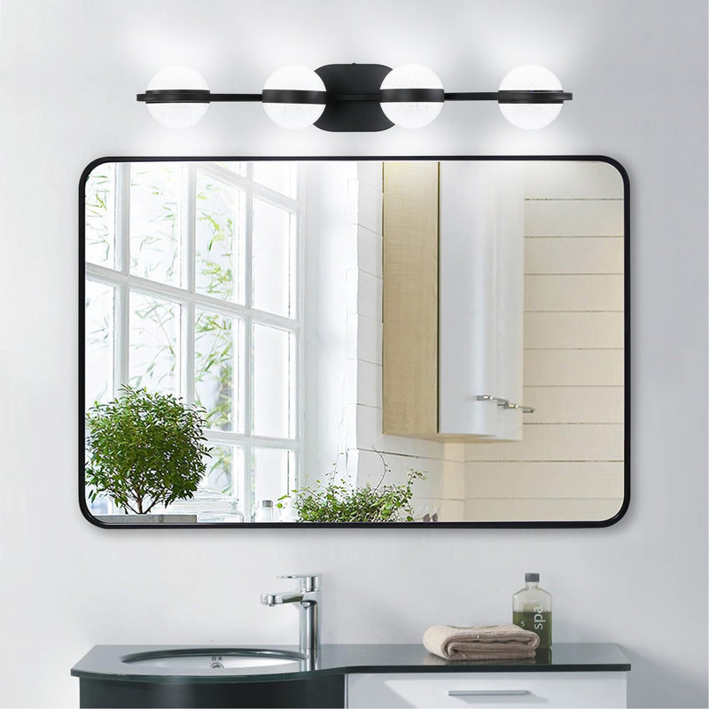 (Identique à W1340P143677/L2001-B-4) Applique murale minimaliste noire à DEL de 76 cm (30 po) avec abat-jour en acrylique couleur sable cristallin, luminaire décoratif à 4 lumières, convient aux miroirs de salle de bain.