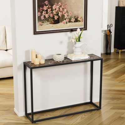 Console haut de gamme avec bords recouverts, style champêtre brun et noir, gain de place pour les coins étroits, structure métallique stable, profondeur 107 cm, supporte jusqu'à 25 kg.