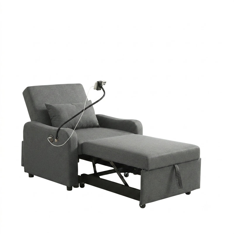 Fauteuil-lit convertible 3-en-1 avec dossier réglable, support pour téléphone et port de charge USB, Gris