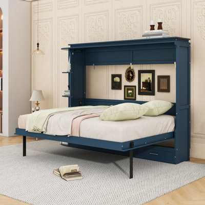 Wood Murphy Bed with 3 Drawer and Open Shelves