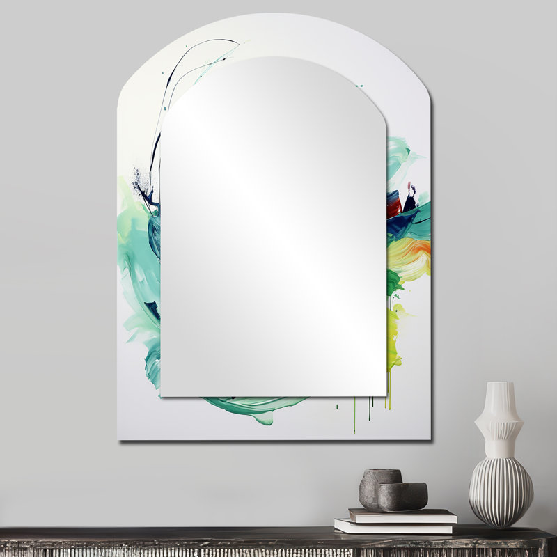Blanc et vert à l'encre abstraite Expression III - Abstrait moderne en métal - Miroir mural asymétrique, 34 po x 25 po