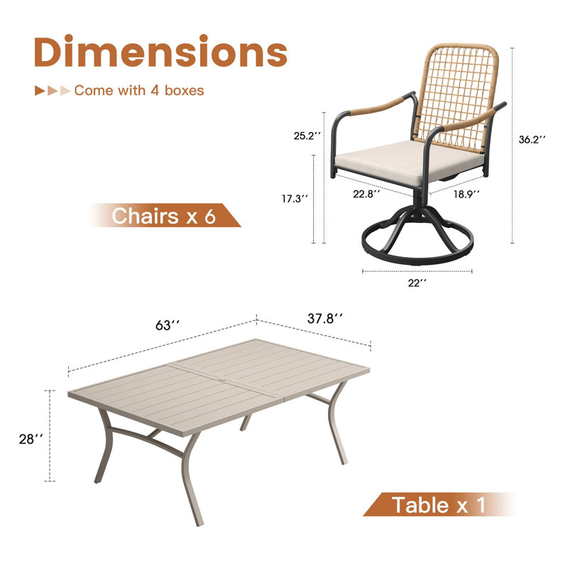 Ensemble de salle à manger rectangulaire pour l'extérieur de 63 po pour 6 personnes avec chaises pivotantes rembourrées en rotin tissé