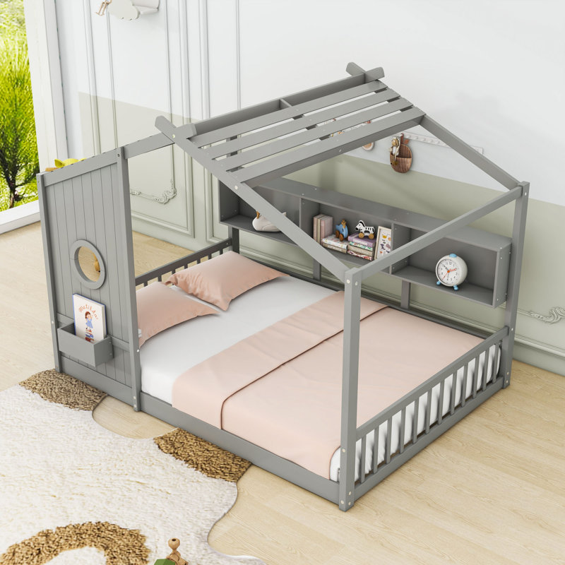 Lit maison en bois avec tablette de rangement, gris, Complète