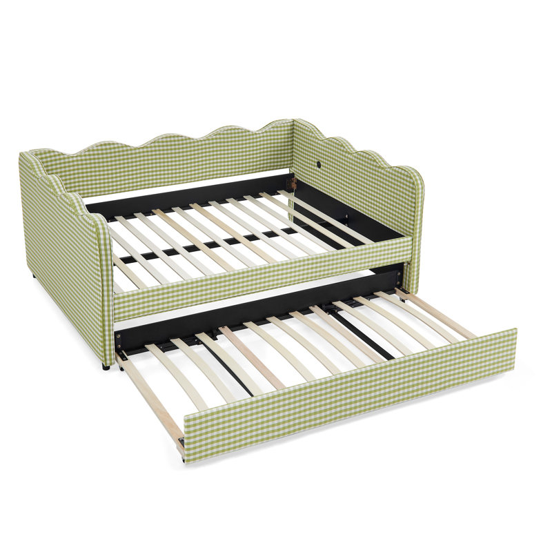 Full Size Cozy Gingham Daybed With Twin Size Trundle  No Box Spring Needed, With USB Port And Adorable Wave Shaped, Linen Fabric