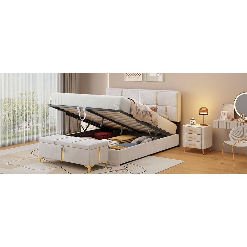Ensemble de chambre à coucher 2 pièces, lit plateforme tapissier grand avec système de rangement hydraulique, repose-pieds de rangement avec pieds en métal, beige (Ancien SKU: N733S207778A)
