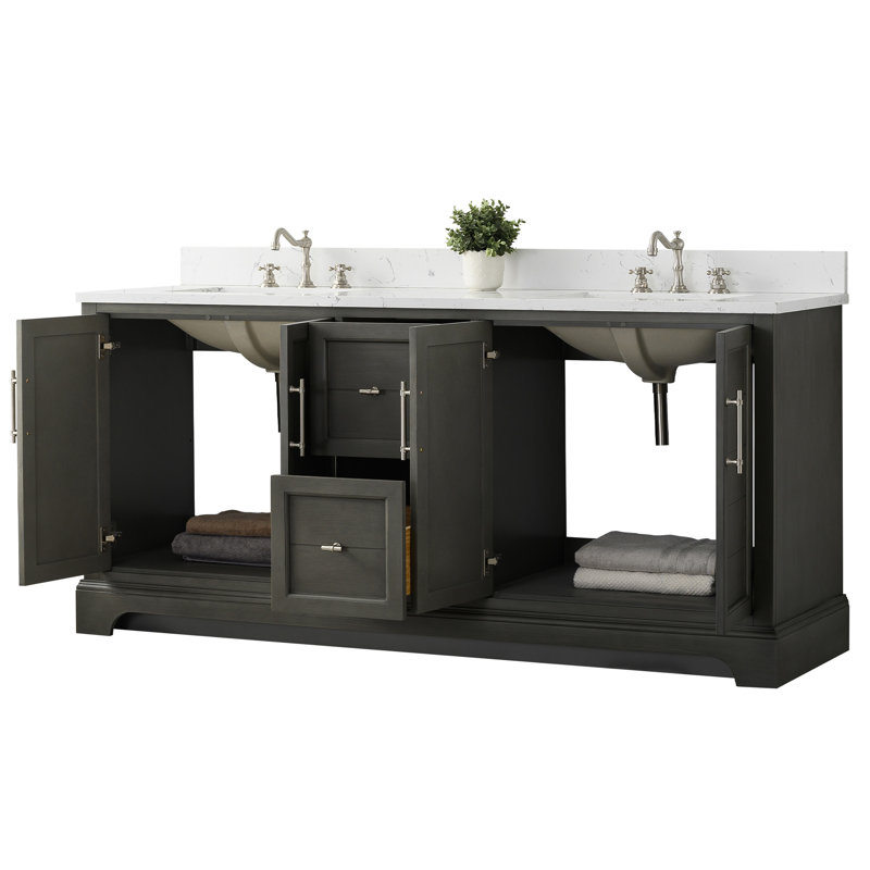 Ensemble de meuble-lavabo autoportant à double cuve 72 po avec plateau en marbre d'ingénierie Vannes, Gris argenté