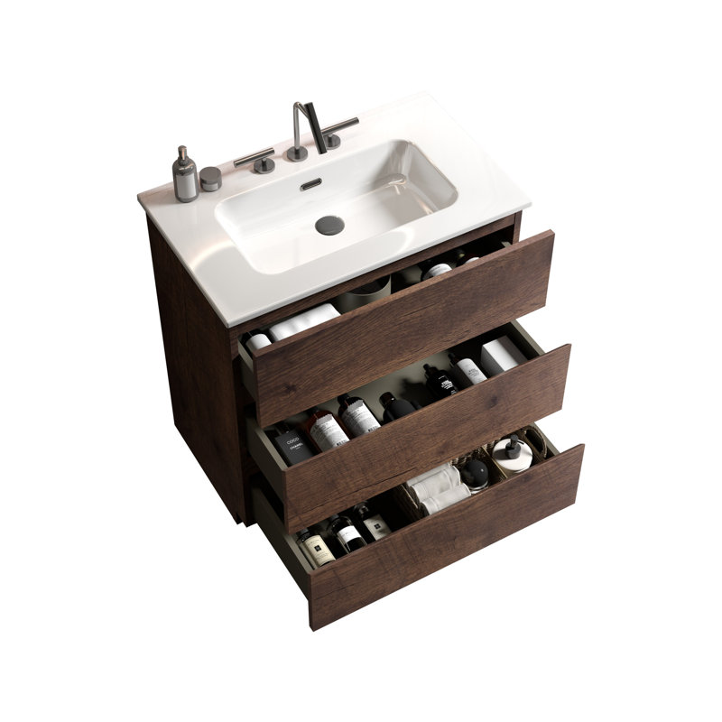 Lavabo pour salle de bain en noyer. Vaste espace de rangement, fonctionnement silencieux. Poignée ergonomique - Apparence. Bassin blanc. 30 po en noyer pré-assemblé. Capacité de travail intérieure accrue. Armoire moderne.