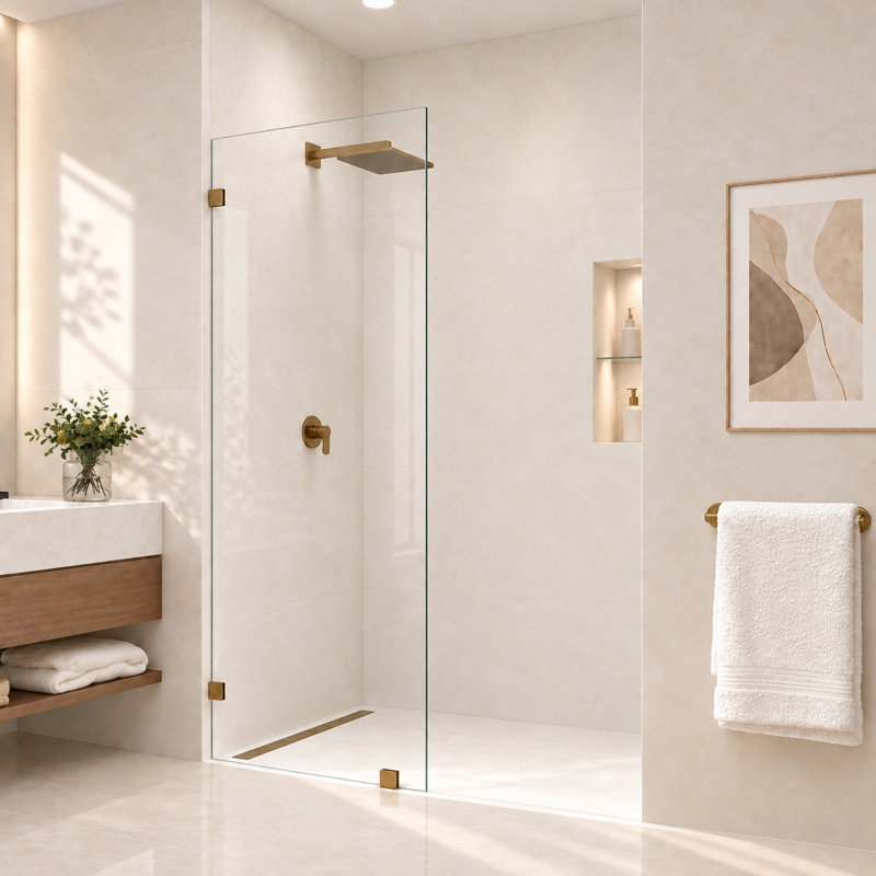 Nirvana 35" W x 76" H Shower Glass Panel Fully Frameless Single Fixed Shower Screen 3/8" (10mm) Clear Tempered Glass in Brushed Bronze
