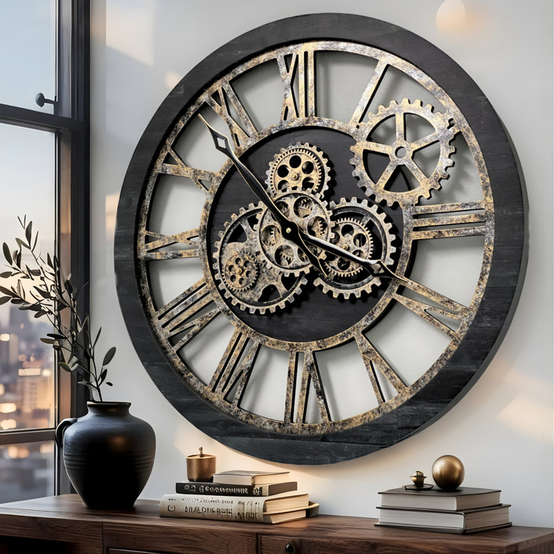 Solid Wood Skeleton Wall Clock, Vintage Black
