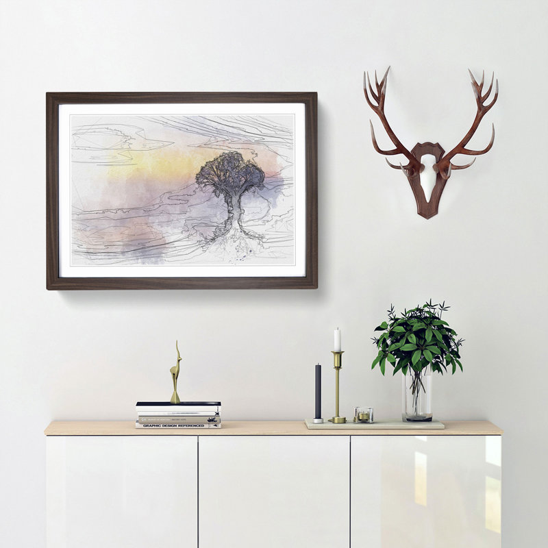Tree Reflecting upon the Lake in Abstract - Framed Print, 35cm H x 50cm W x 2cm D, Walnut