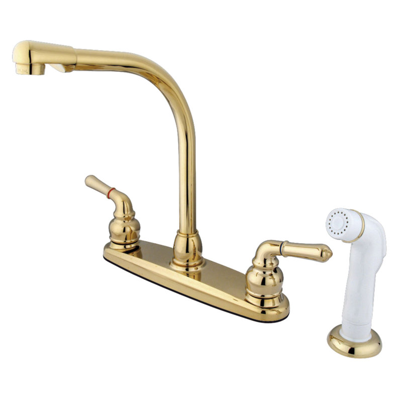 Magellan Centerset Double Handle Kitchen Faucet, Polished Brass/White, With Spray