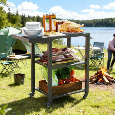 Chariot de barbecue 31,5 po noir et argent, plateau en acier inoxydable, table d'appoint pliable, tablettes à 3 niveaux avec crochets, support de four roulant pour barbecue en plein air