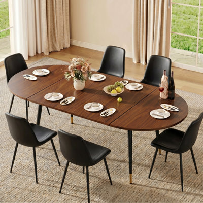 7-Piece Mid-Century Modern Extendable Round-to-Oval Dining Set with Upholstered Chairs