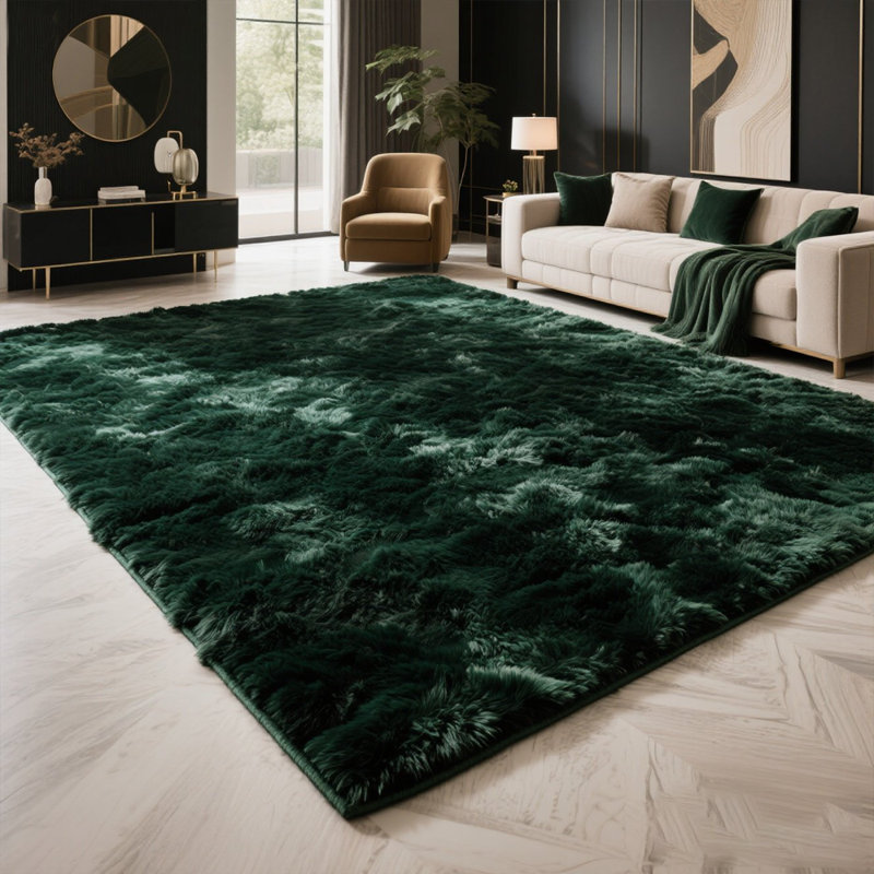 Élégant tapis moelleux vert foncé moelleux, Rectangle 9 pi x 12 pi