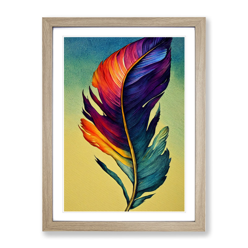 Colourful Feather No.5 - Wall Art, 48cm H x 36cm W, Oak Framed, White