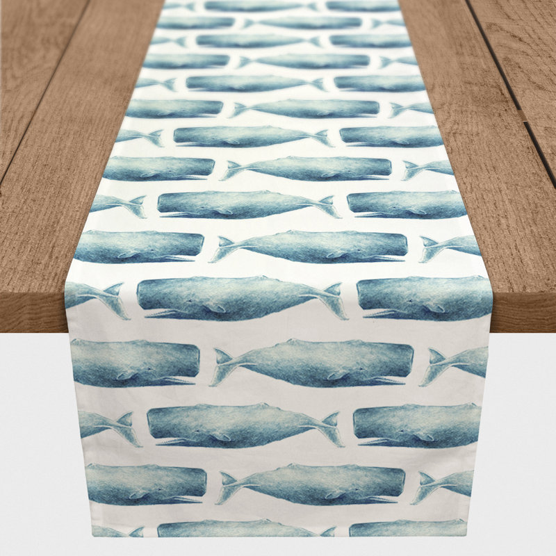 Chemin de table baleines Mckinley, L 72 po x l 16 po, Bleu, Imprimé animal 1