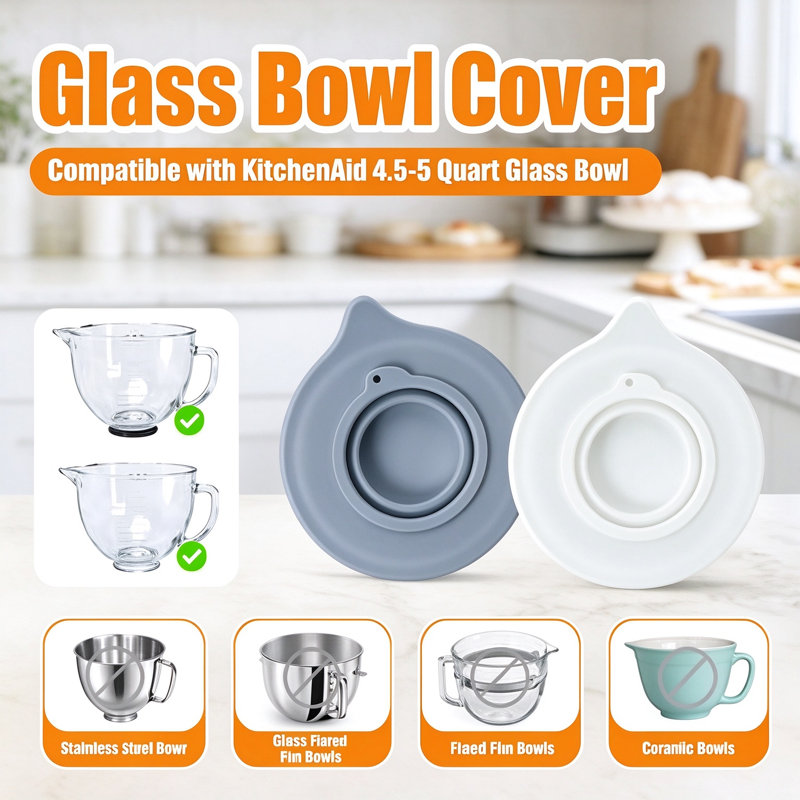 PQPO 5QT Glass Bowl Silicone Lid Compatible with KitchenAid Stand Mixer, Airtight Dough Rising Cover with Feed Port, Dust Resistant Mixer Bowl Cover