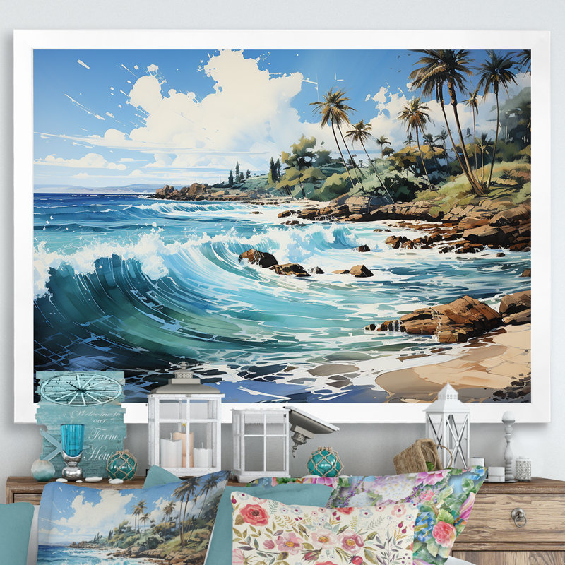 Palmier turquoise sur fond tropical, Cadre photo blanc, H 24 po x l 32 po x P 1 po