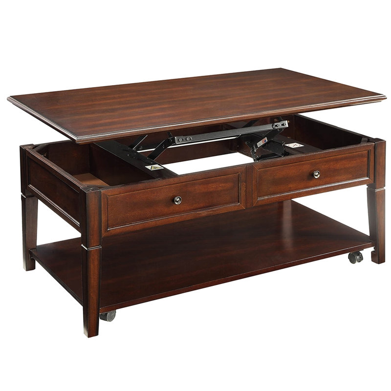 Table basse en noyer avec surface surélevée et rangement pour objets décoratifs