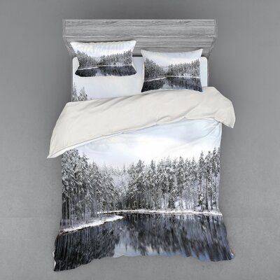 Lake Surrounded By Snow Covered Trees on A Cold Winter Day in Finland Reflections Duvet Cover Set -  Ambesonne, bsnev_12608_queen