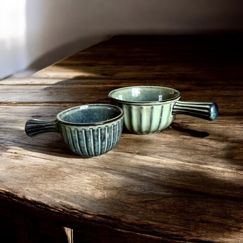 Blue Antique style Reactive Glaze Handled Bowls set of 2 small and large