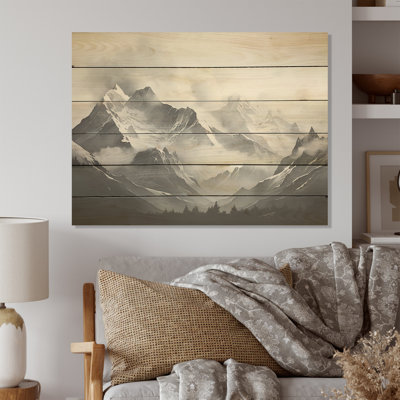 Moody Majestic Mountain Peaks - Mountains Wood Art On Natural Pine Wood